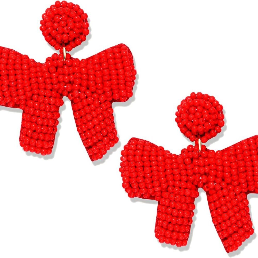 Christmas Earrings Beaded Xmas Bow Earring for Women Handmade Red Green Holiday